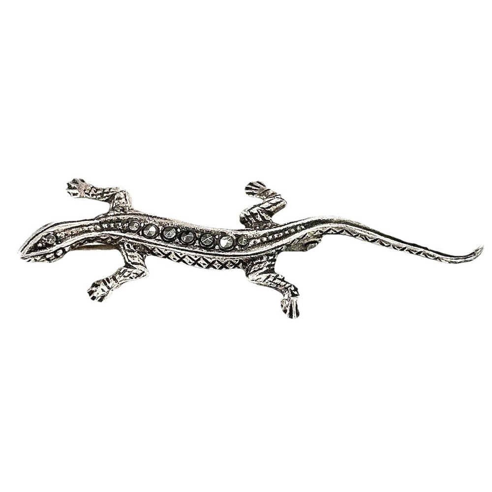 Vintage 925 Sterling Silver Marcasite Lizard Brooch Figural Gecko Pin Estate